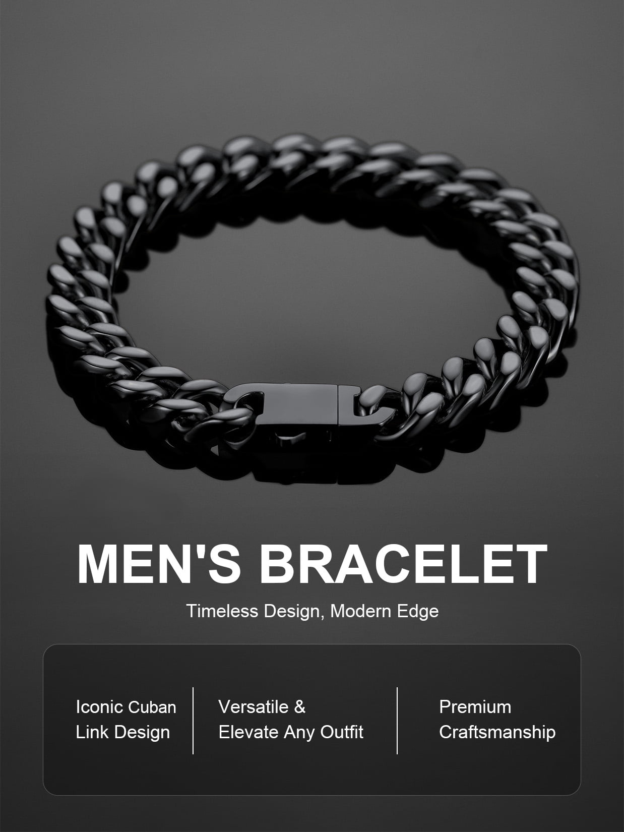 ChainsProMax Black Cuban Link Chain for Men 9mm Wide 7.5inch Men Chain Cuban Bracelet Jewelry Gift for Father
