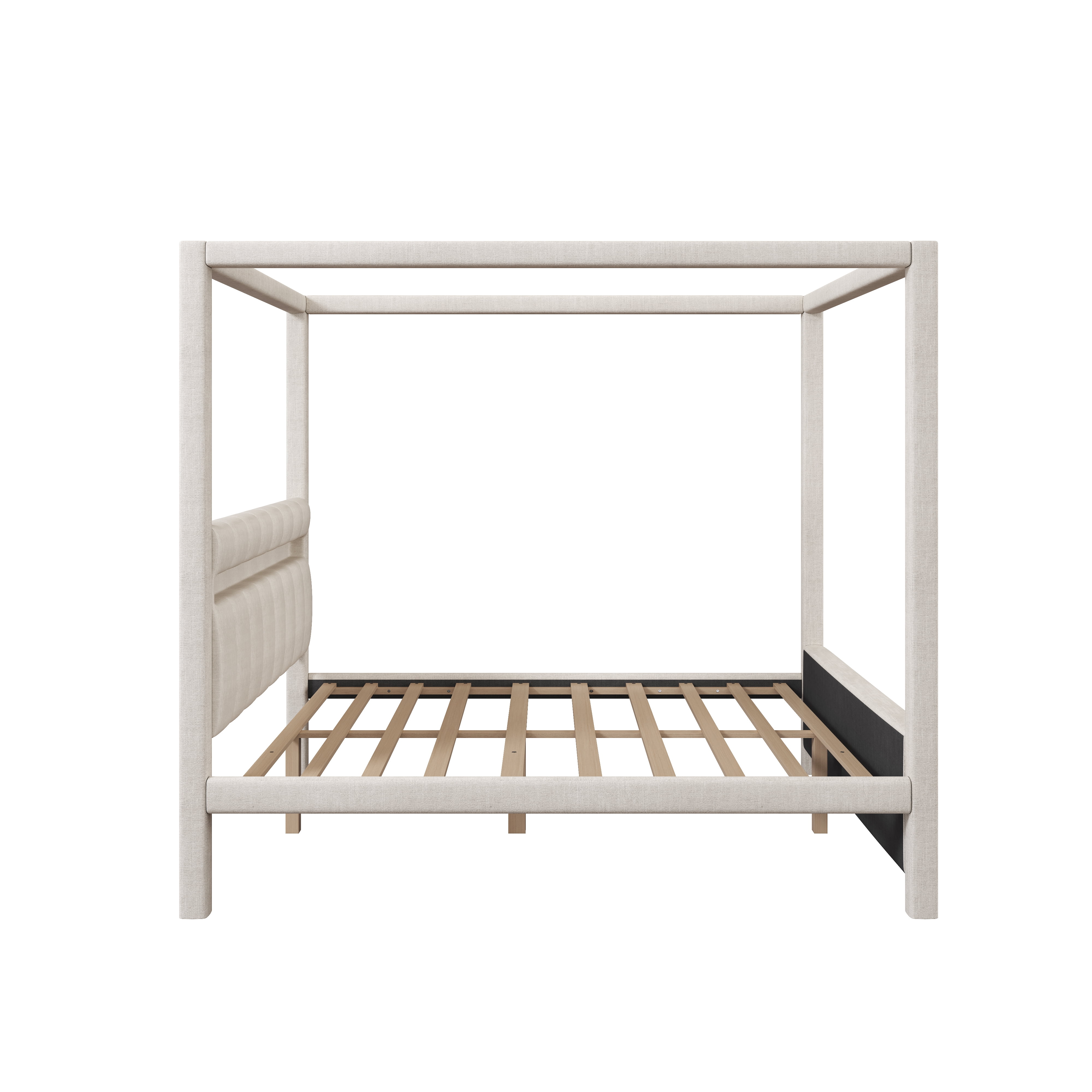 Euroco Upholstery Queen Size Canopy Bed with LED Light, No Box Spring Needed Platform Bed, Beige