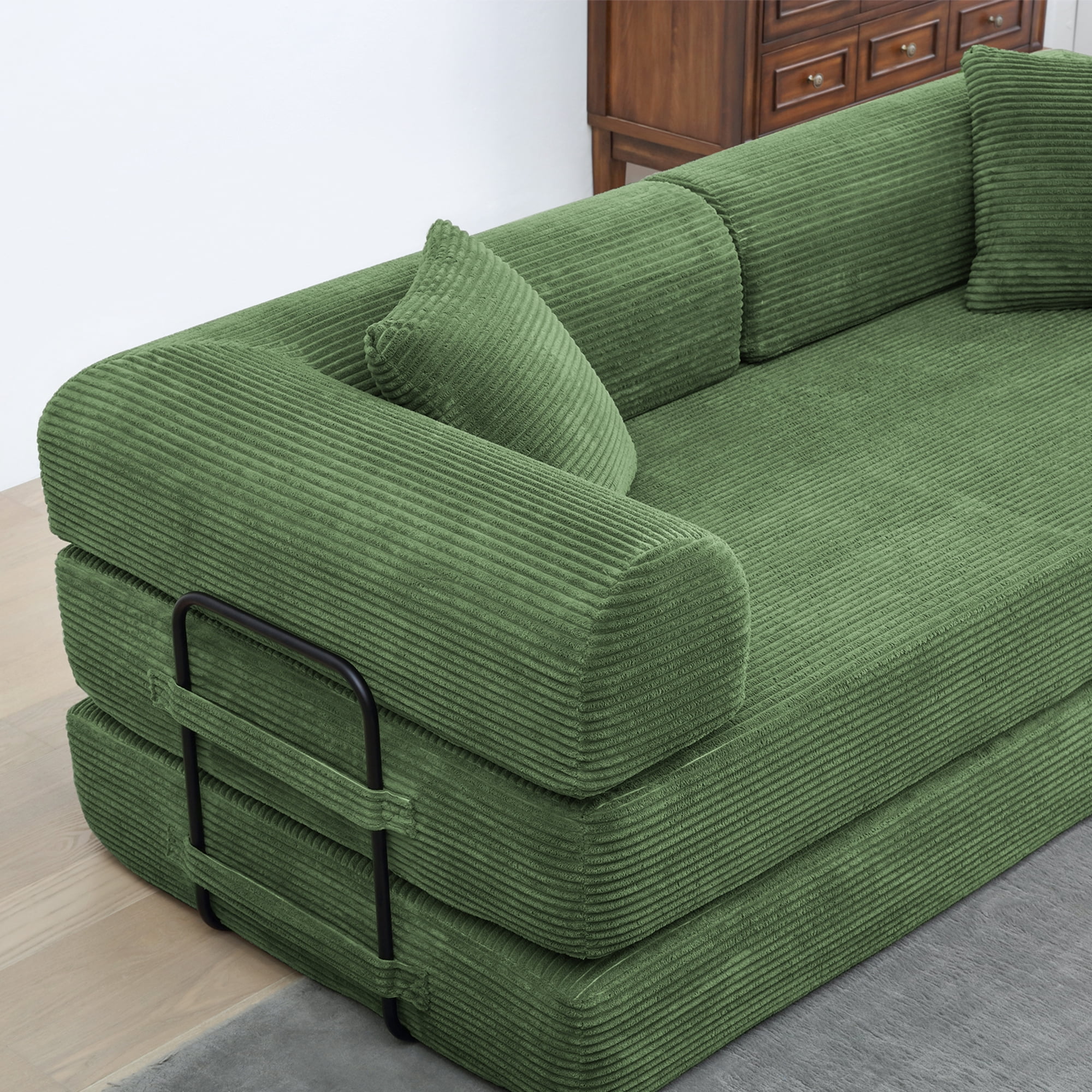 Miniyam Convertible Sleeper Sofa Bed with Cylindrical Pillow - Corduroy Folding Mattress Couch with Fixed-Shape Frame for Living Room, Bedroom, Lounge, Studio - Olive Green