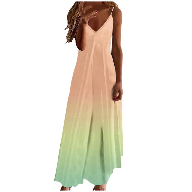 hotojiny Robes Maxi pour Femmes 2025 à Bretelles Spaghetti à Col en V Robe Fluide Tendance Sans Manches Dégradé Ligne A Robes d'Été