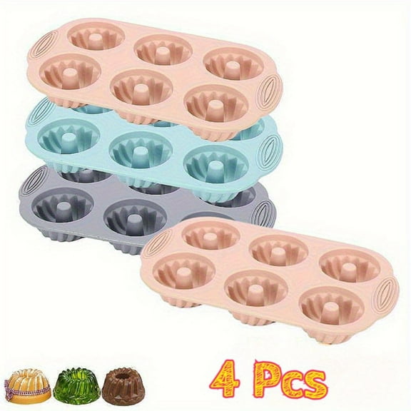 Jello Molds 4pcs Silicone Fluted Tube Cake Pans, 6 Cavity Heritage Bundtlette Cake Silicone Mold for Baking Non Stick Fancy Molds (2Pink Blue Gray)