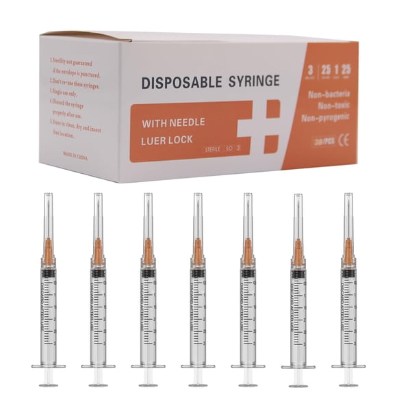 Jeringa Veosor Luer Lock de 3 ml con aguja de 25 G y 1 cm (paquete de 30)