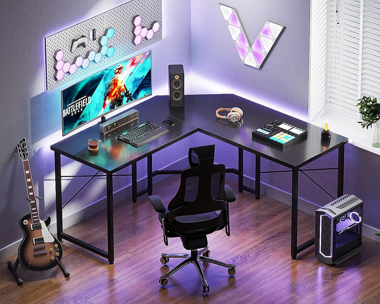 FeGeMax L Shaped Gaming Desk, Corner Desk Gaming Table for Home Office, Computer Desk Sturdy Writing Workstation for Small Space, Easy to Assemble, 51 inch, Carbon Fiber Surface, Black