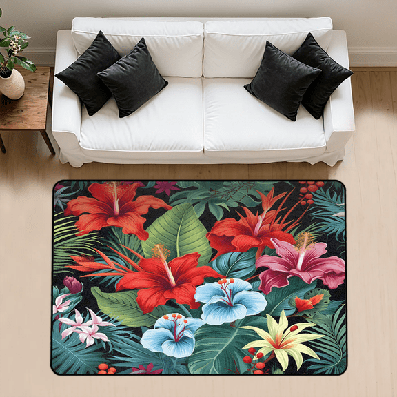 CURLYOOT Tropical Plant Area Rug 3x5 Ft Rugs for Entryway Entrance Kitchen, Washable Non Slip Hibiscus Flowers Indoor Floor Carpet for Bedroom Living Room