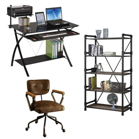 Rustic 3 Piece Computer Desk With Office Chair And Bookcase Set