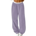 thumbnail image 2 of DPTALR Women's Solid Color Drawstring Furry Wide Leg Cuffed Warm Trousers,Purple,Size M, 2 of 7