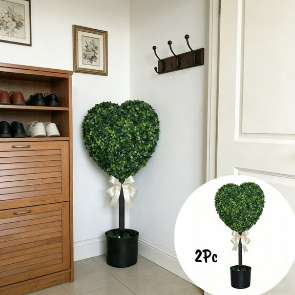 2Pc Artificial Boxwood Heart Topiary Outdoor,Valentine'S Day Heart Shaped Topiary Tree With Bow Tie,Faux Fake Boxwood Decoration Ball Tree With Planter Pots,Mini Greenery For Indoor Porch Home Decor