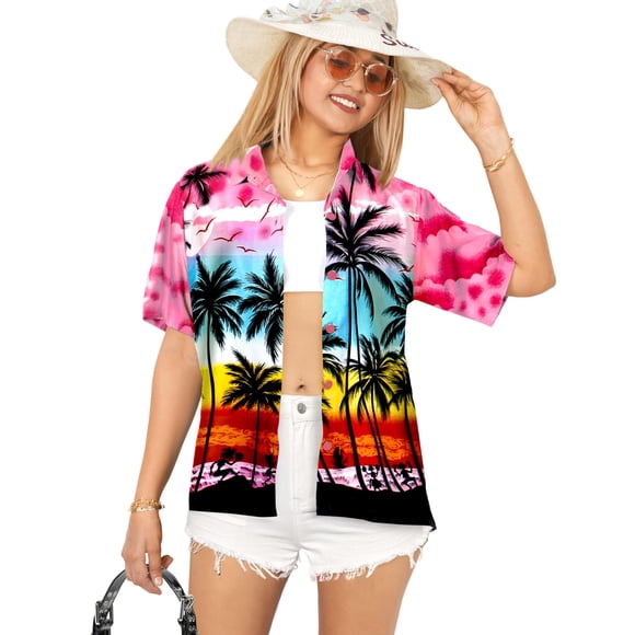 LA LEELA Women's Hawaiian Short Sleeve Blouse Shirt XL Palm Tree View Pink