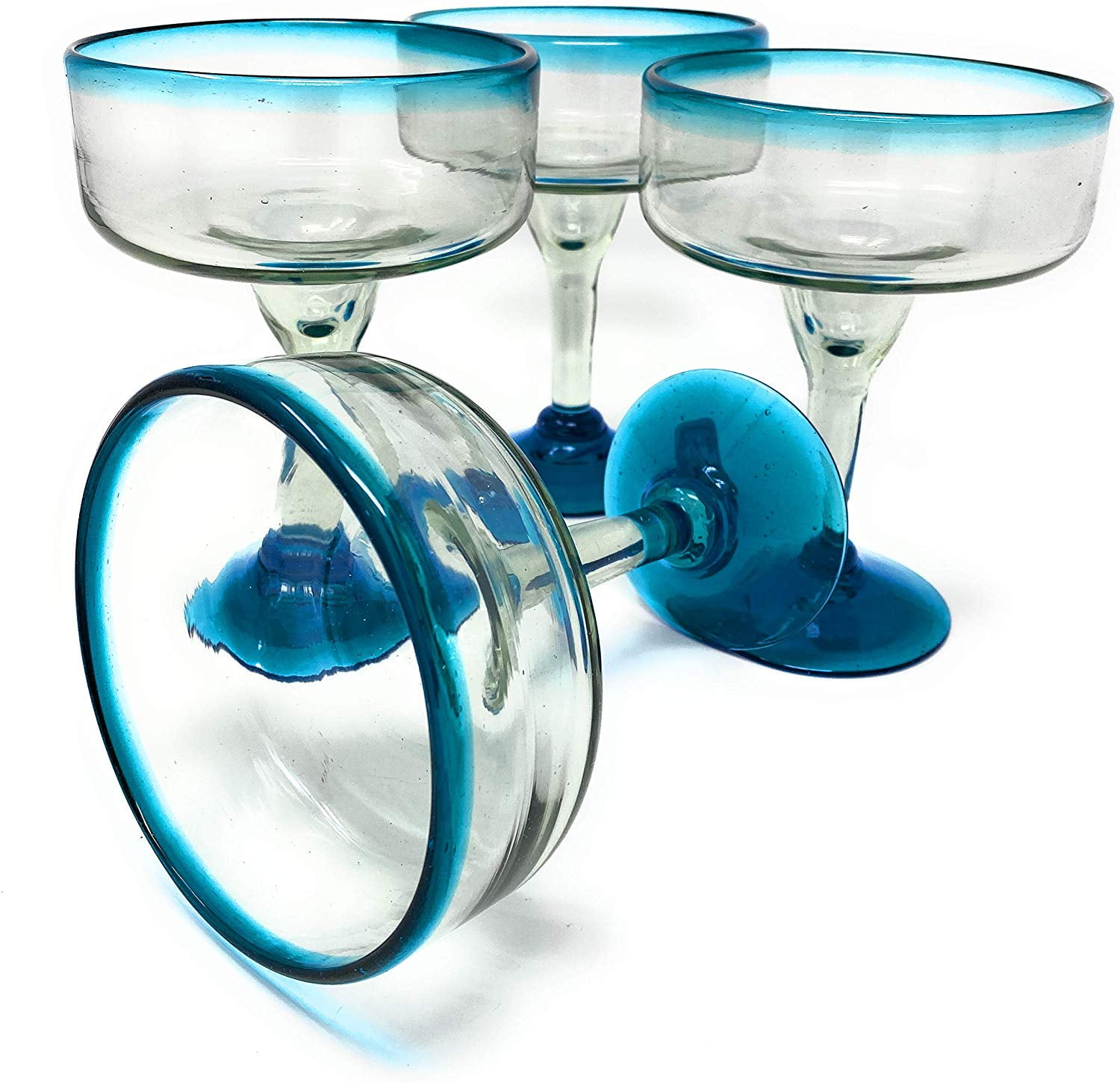 Dos Sueños Mexican Hand Blown Glass 4 Margarita Glasses (16 oz) Aqua