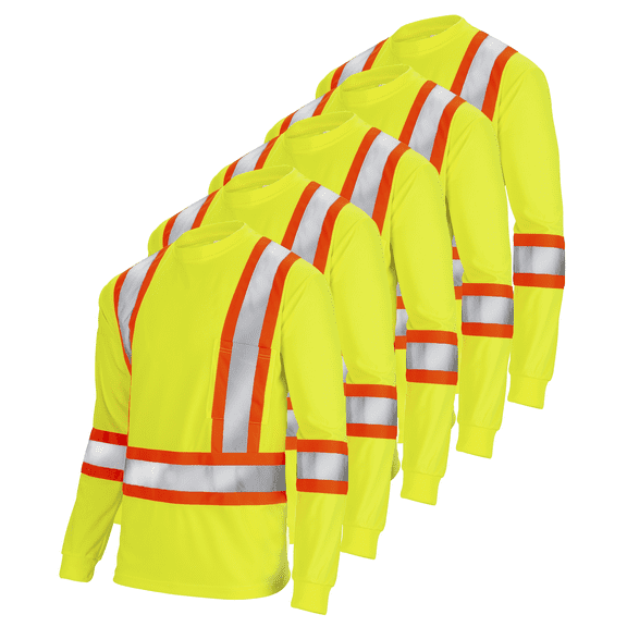 JORESTECH 5-Pack Hi-Vis Long Sleeve Safety Shirt, Two-Toned, CSA/ANSI Class 1 (Yellow, L)