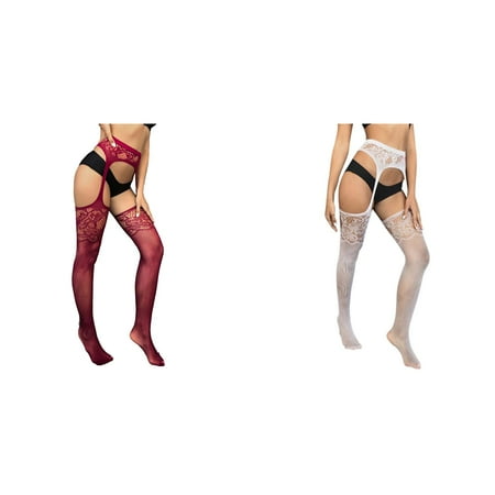 Lojoutye 2 Pack( 1PCS & White 1PCS) Multipack for Plus Size Women Garter Belt Stocking Thigh High Tights Suspender Pantyhose Lace Lingerie