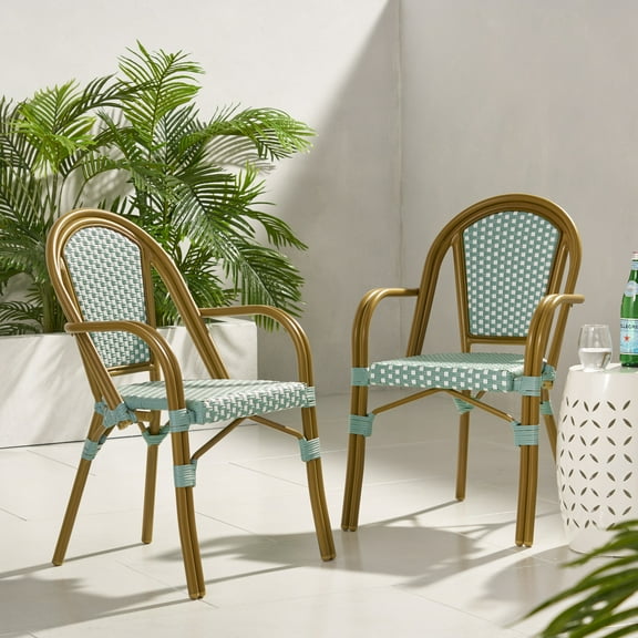 Cecil Aluminum and Wicker Outdoor French Bistro Chairs, Set of 2, Light Teal, White, and Wood Print