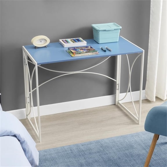 Light Blue And White Folding Desk With Metal Frame And Laminate Top
