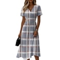 thumbnail image 2 of Womens Summer A-Line Dresses Wrap V Neck Dress Short Sleeve Fashion Casual Plaid Sundress, 2 of 5