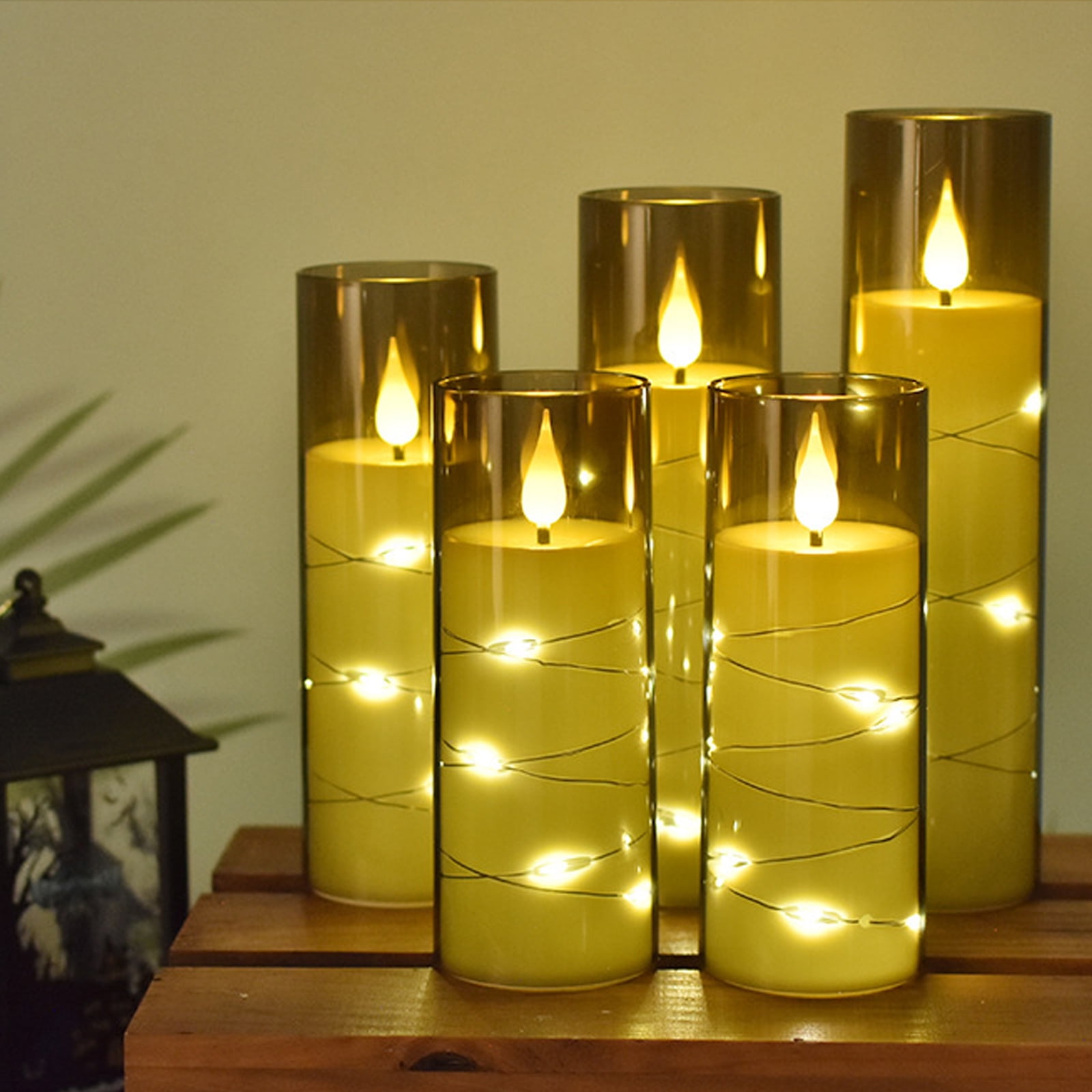 DICEEVIL 5 Pcs Flameless Candles with Embedded Star String, Battery Operated Candles Acrylic LED Pillar Candles with Timer and Remote, Flickering Candle for Romantic Ambiance Home Decoration (Grey)