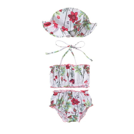

Meihuid Baby Girls Split Swimsuit Set Summer Floral Printing/Stripe Hanging Neck Sleeveless Lace Swimwear + Shorts + Swim Cap