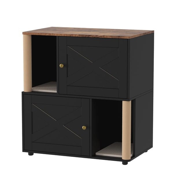 Yeshouse Mueble de arenero de doble capa para gatos, mueble de arenero oculto 2 en 1 con rascador y alfombrillas para arena, cama de baño para gatos con armario esquinero de madera