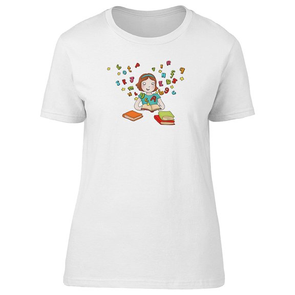 Girl Happy About Reading Books Tee Women's -Image by Shutterstock