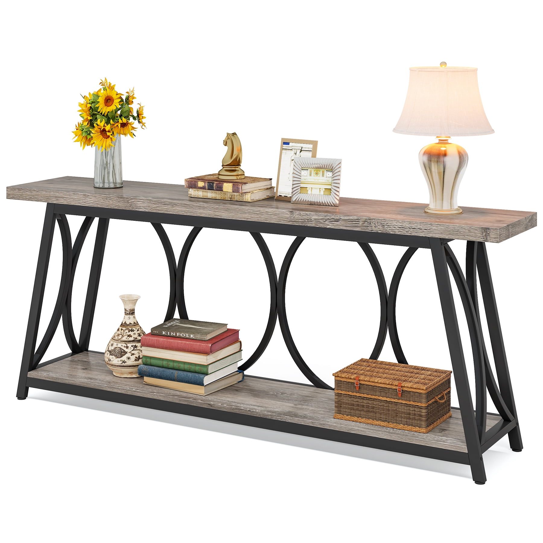 Fnova 70.87" Extra Long 2-Tier Console Table, Industrial Sofa Table with Decorative Circular Metal Frame,  Entryway Hallway Behind Couch Storage Console