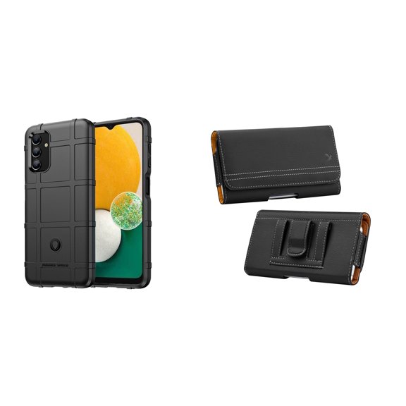 Bemz Rugged Shield [Shockproof] Heavy Duty Protection Case (Black) Bundled with Classic Belt Holster Phone Carrying Pouch (Horizontal) for Samsung Galaxy A13