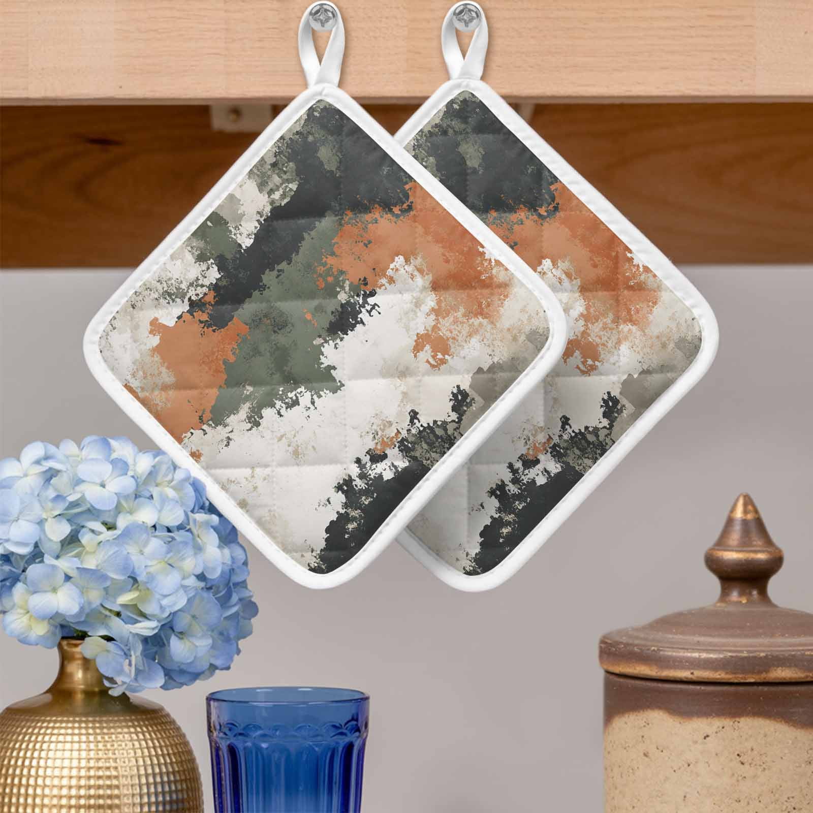 Vintage Sage Green Orange Pot Holders for Kitchen Heatproof Potholder, 3 Pack Modern Abstract Art Hot Pads Multipurpose Oven Pads Cloth Potholders Trivet for Cooking Baking