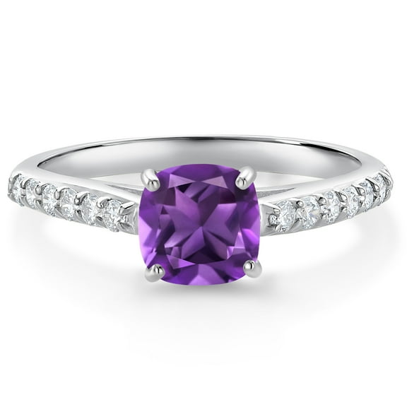 Gem Stone King 10K White Gold Purple Amethyst and White Lab Grown Diamond Engagement Ring for Women (1.15 Cttw, Gemstone February Birthstone, Cushion 6MM, Size 7)