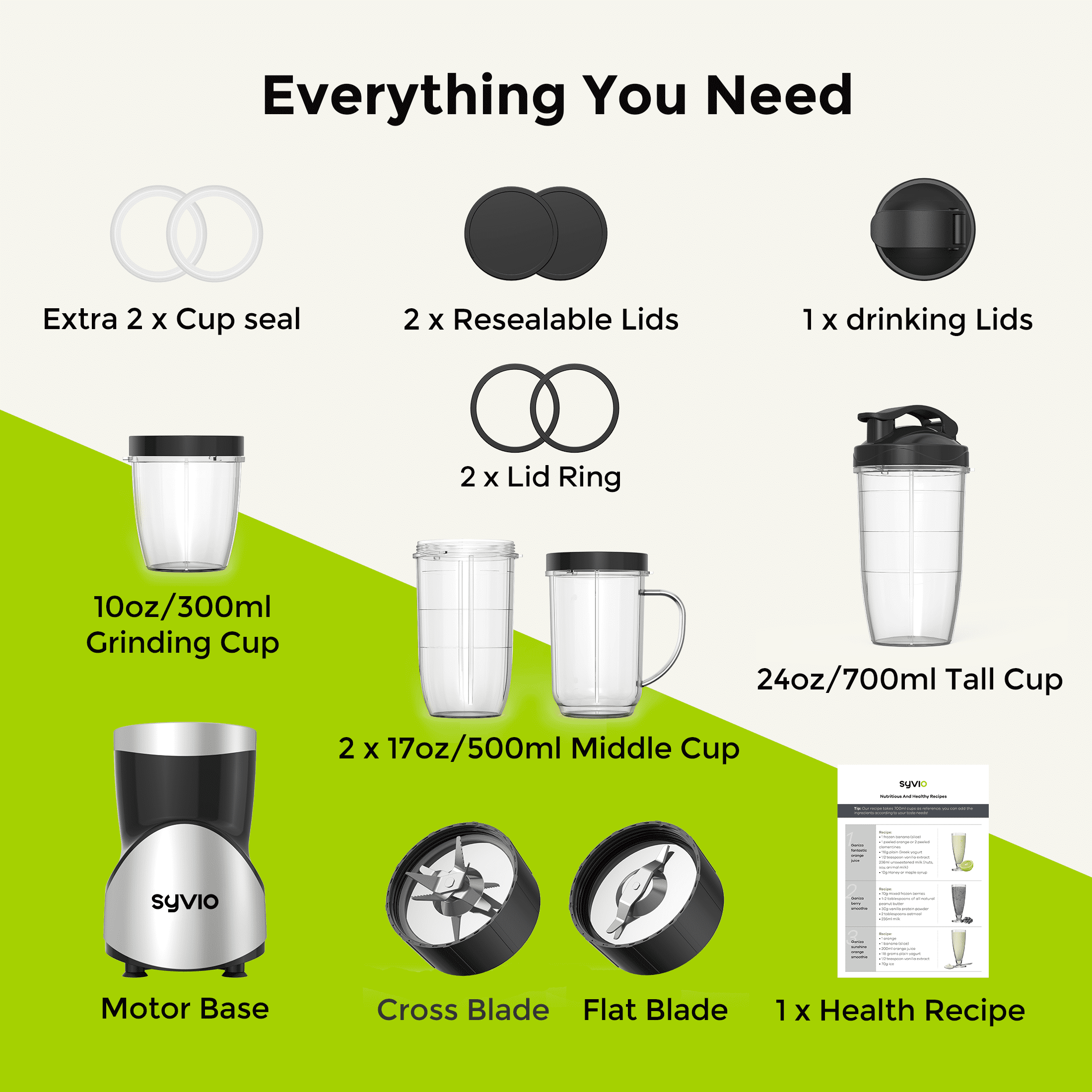 Syvio Smoothie Blender for Shakes and Smoothies, 4 Portal Cups, 15 Pieces Kitchen Personal Blender and Grinder Combo, BPA-Free Juice Blender Set