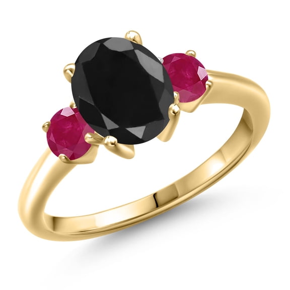 Gem Stone King 18K Yellow Gold Plated Silver Black Sapphire and Red Ruby Engagement Ring for Women | 3.20 Cttw | Oval 9X7MM | Gemstone September Birthstone | Size 8