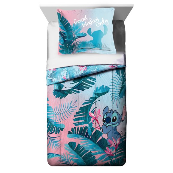 Lilo & Stitch Pink & Blue Floral Kids Reversible Twin Comforter & Sham Set, 100% Microfiber