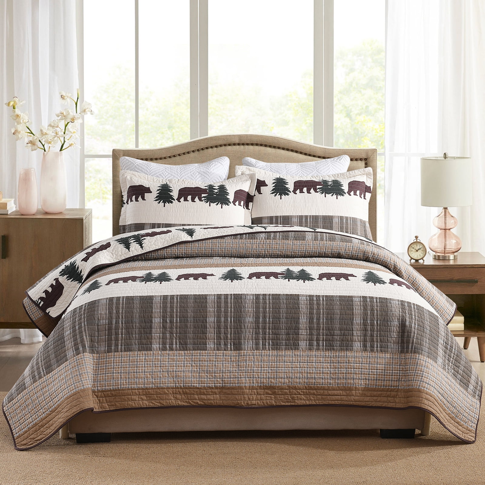 Bedduvit Rustic Lodge Queen Quilt - 100% Organic Cotton Quilt Sets, Cabin Animal Farmhouse Lightweight Bedspread for Queen Beds, Bear Tree Brown White Striped Cottage Bedding Set with 2 Pillow Shams