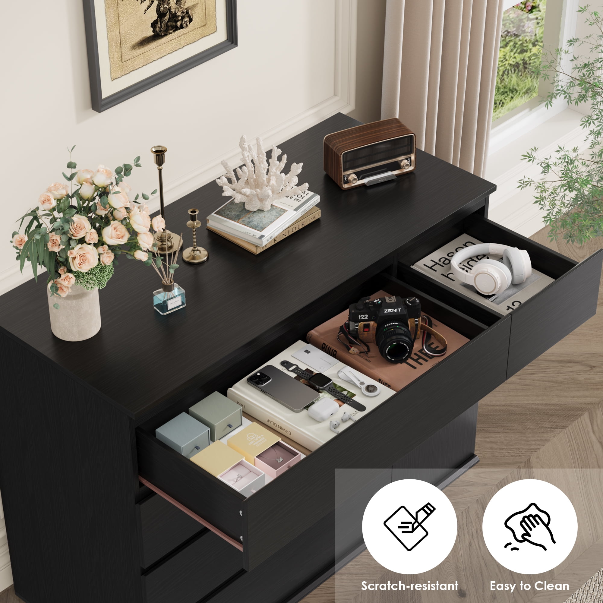 Homfa 5 Drawer Dresser with Door, Modern Accent Storage Cabinet Chest of Drawers for Bedroom Living Room, Black