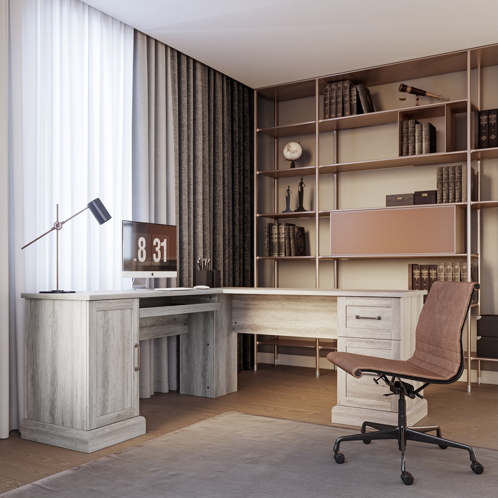 BELLEZE Modern Corner L-Shaped Home Office Computer Laptop Desk or Writing Study Workstation with Keyboard Tray, Two Drawers and Cabinet - Barlow (Gray Wash)