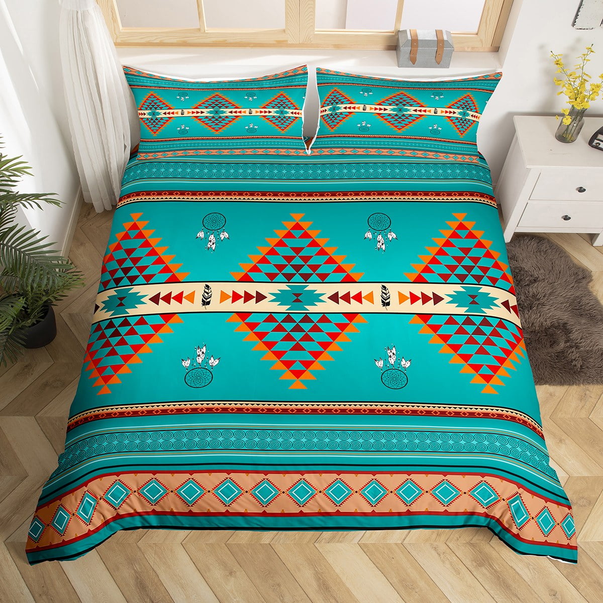 Boho Comforter Cover Western Bedding Sets King,Indian Tribal Geometry