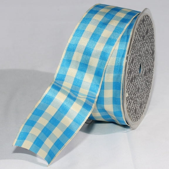 The Ribbon People Blue and Ivory Gingham Wired Woven Edge Craft Ribbon 1.5" x 27 Yards