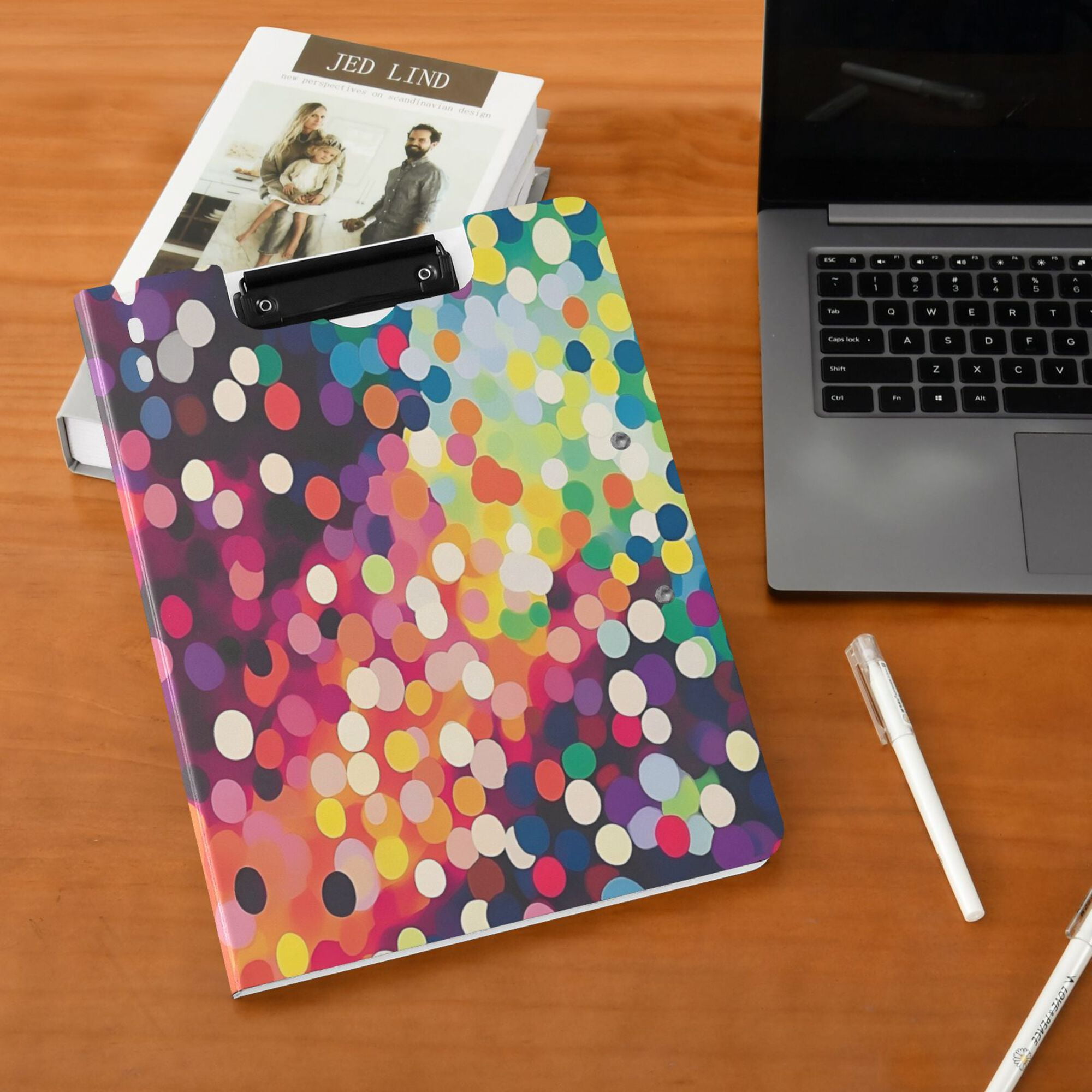 FORMRS A4 Clipboard Folder with Pen Holder Horizontal Foldable School Office Binder, Green Colorful Circles