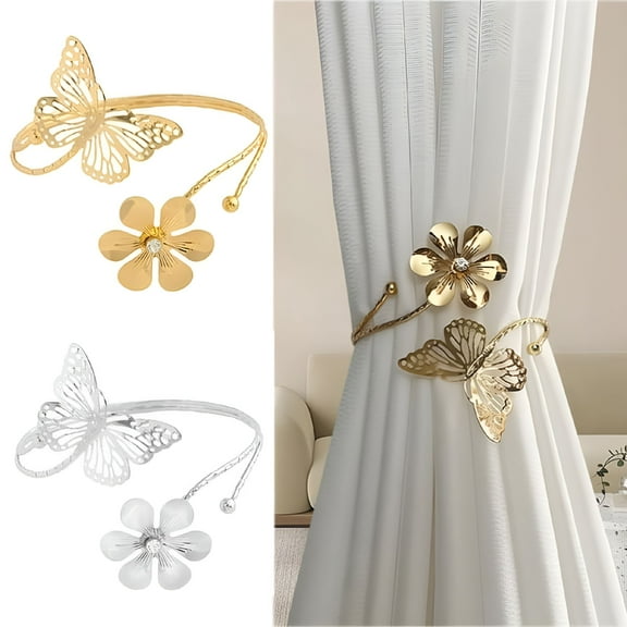LAMIRO 2Pcs Metal Butterfly Curtain Clasps Decorative Curtain Tiebacks Gold Curtain Holdbacks Flower&Butterfly Design Simple Curtain Clasps