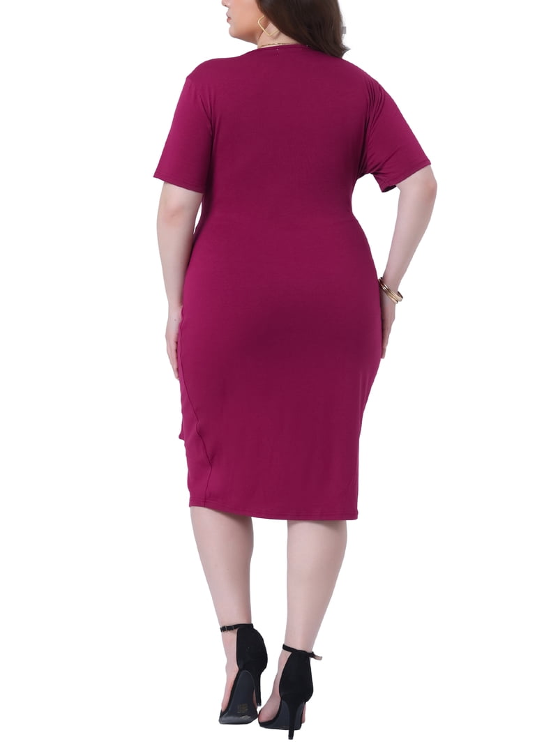Agnes Orinda Women's Plus Size Dresses V Neck Short Sleeve Tulip Hem Ruched Wrap Midi Cocktail Dress with Belt 1X Burgundy
