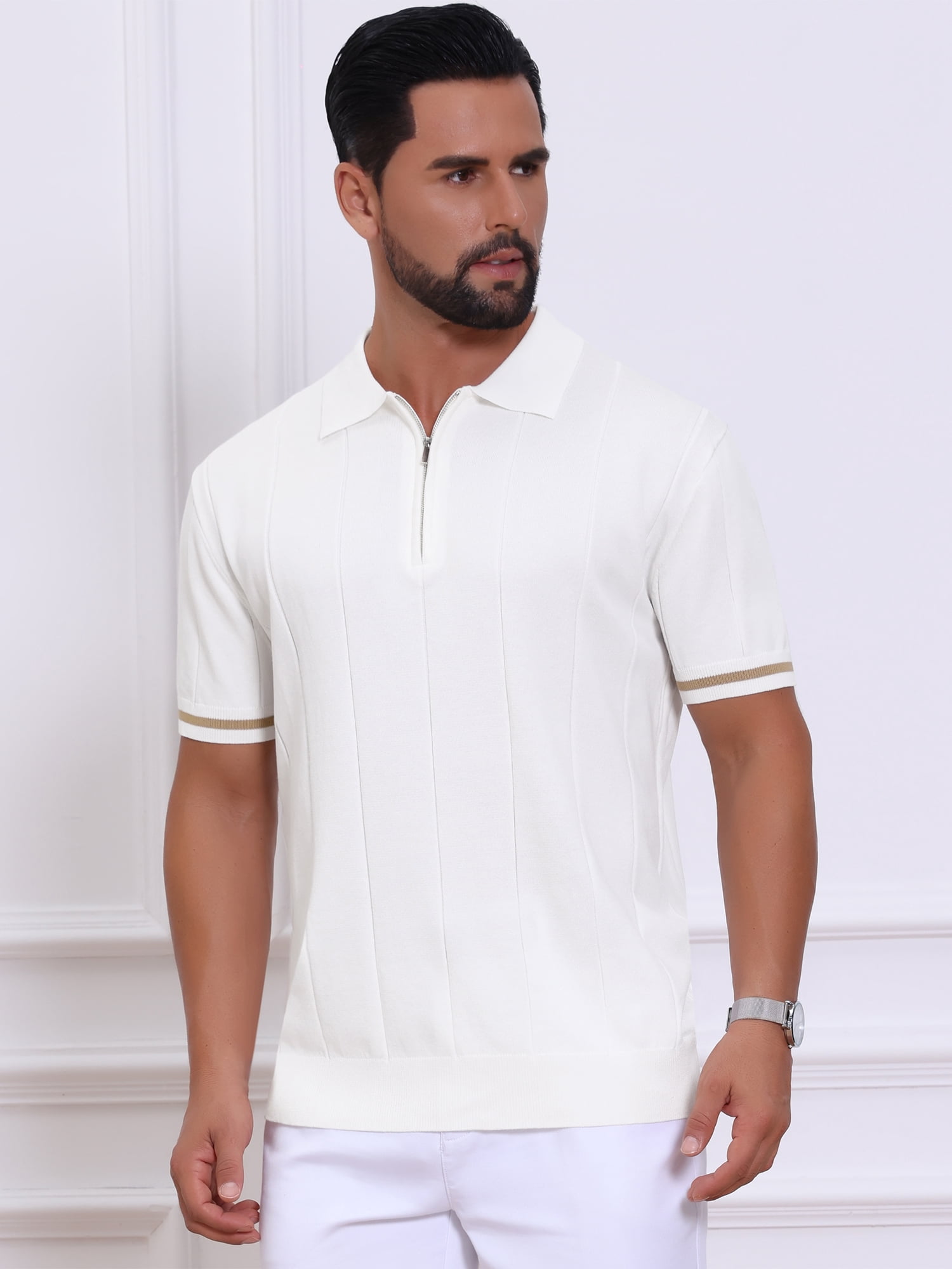 DARING DIVA Men's Textured Zip Up Ribbed Hem Short Sleeve Golf Polo Shirts S White