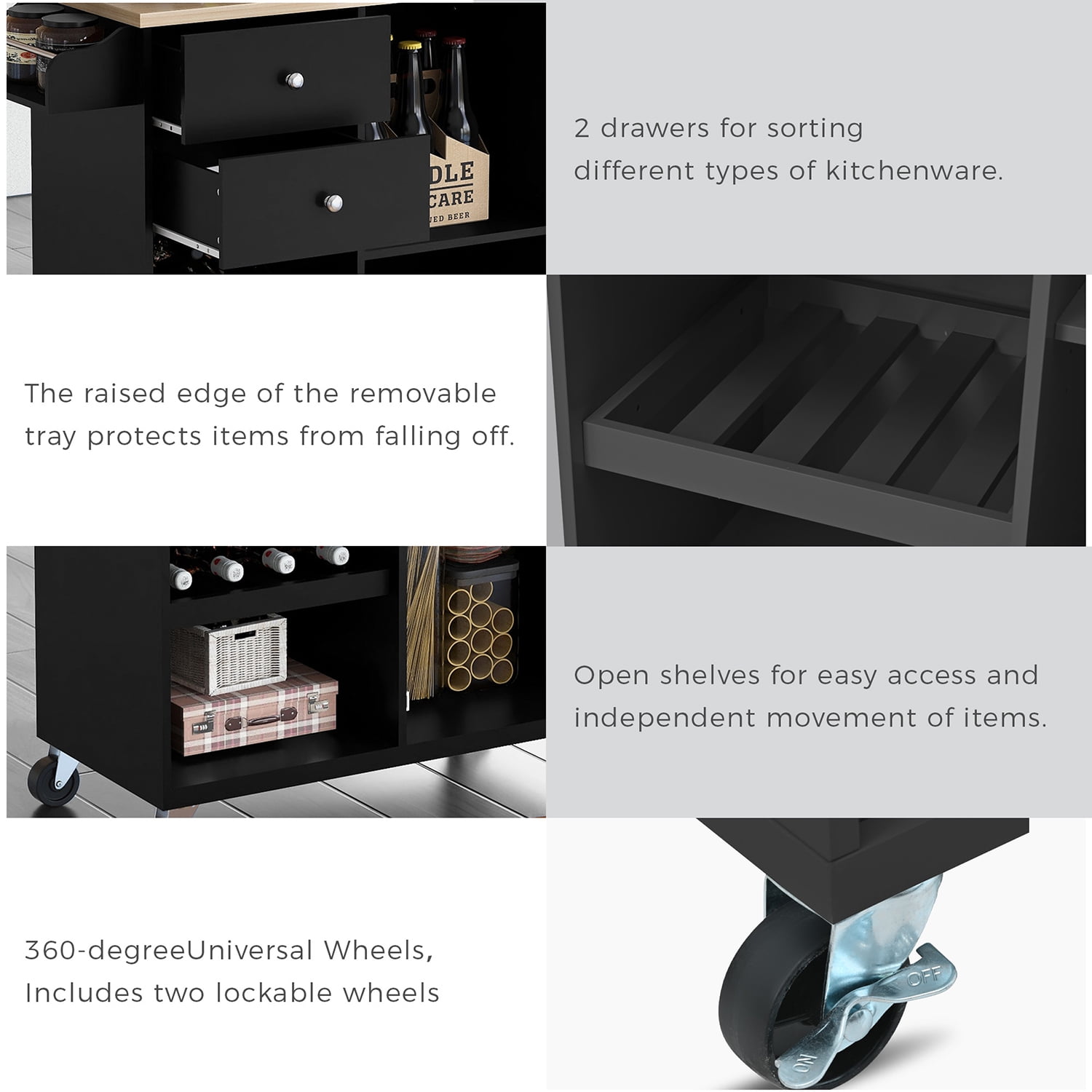 Kepooman Kitchen Cart with Spice Rack, Towel Rack & Two Drawers, Kitchen Island on Wheels for Your Daily Food Preparation, Black Kepooman Kitchen Cart with Spice Rack, Towel Rack & Two Drawers, Kitchen Island on Wheels for Your Daily Food Preparation, Black