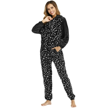 

SEMIMAY Women’s Plush Hooded Printed Zipper Drawstring Jumpsuit Nightgown Supersoft Thick Pajamas Warm Loungewear Party Family