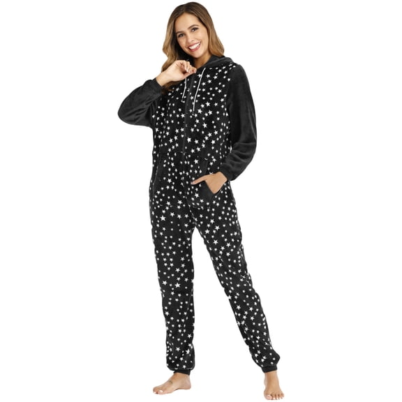 DHFJKG Flannel Pajamas Onesies For Women Jumpsuit Star Print Long Sleeve Pockets Hooded Drawstring Zipper One-Pieces Loungewear Suit Comfort Nightwear