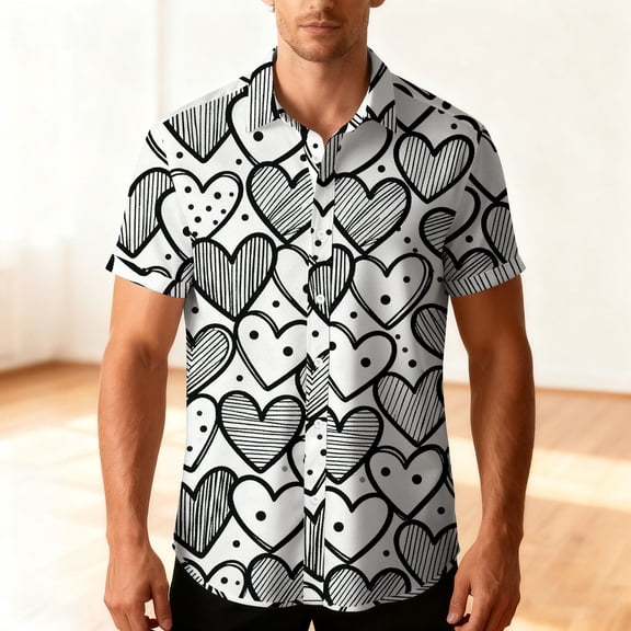 Men's Valentine's Day Shirt Heart Print Short Sleeve Button Down Collar T-Shirt White M