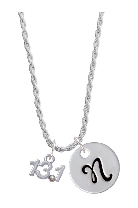 Silvertone Half Marathon - 13.1 with Clear AB Crystal Silvertone Script Initial Disc - N - Charm Necklace, 20"+3"