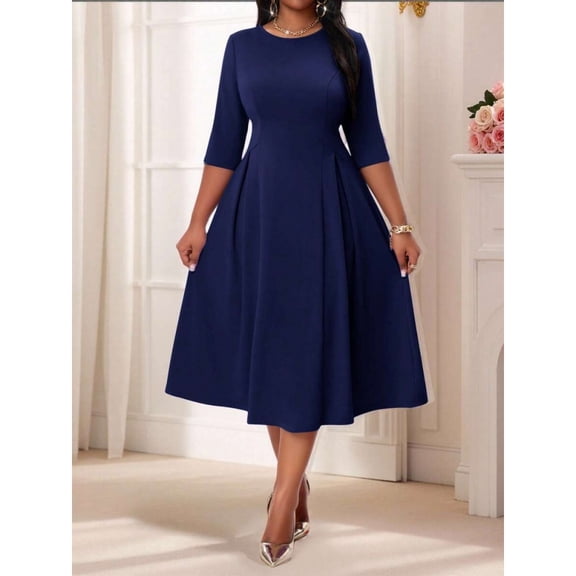 Navy Blue Plus Size Womens Fit & Flare Midi Dress With 3/4 Sleeve And Round Neck