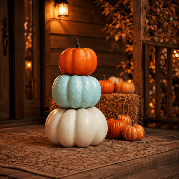 Fall Pumpkin Stack Decor, 3 Tier Resin Look Plastic Pumpkin Ornament, Tabletop Decor for Mantel Tiered Tray