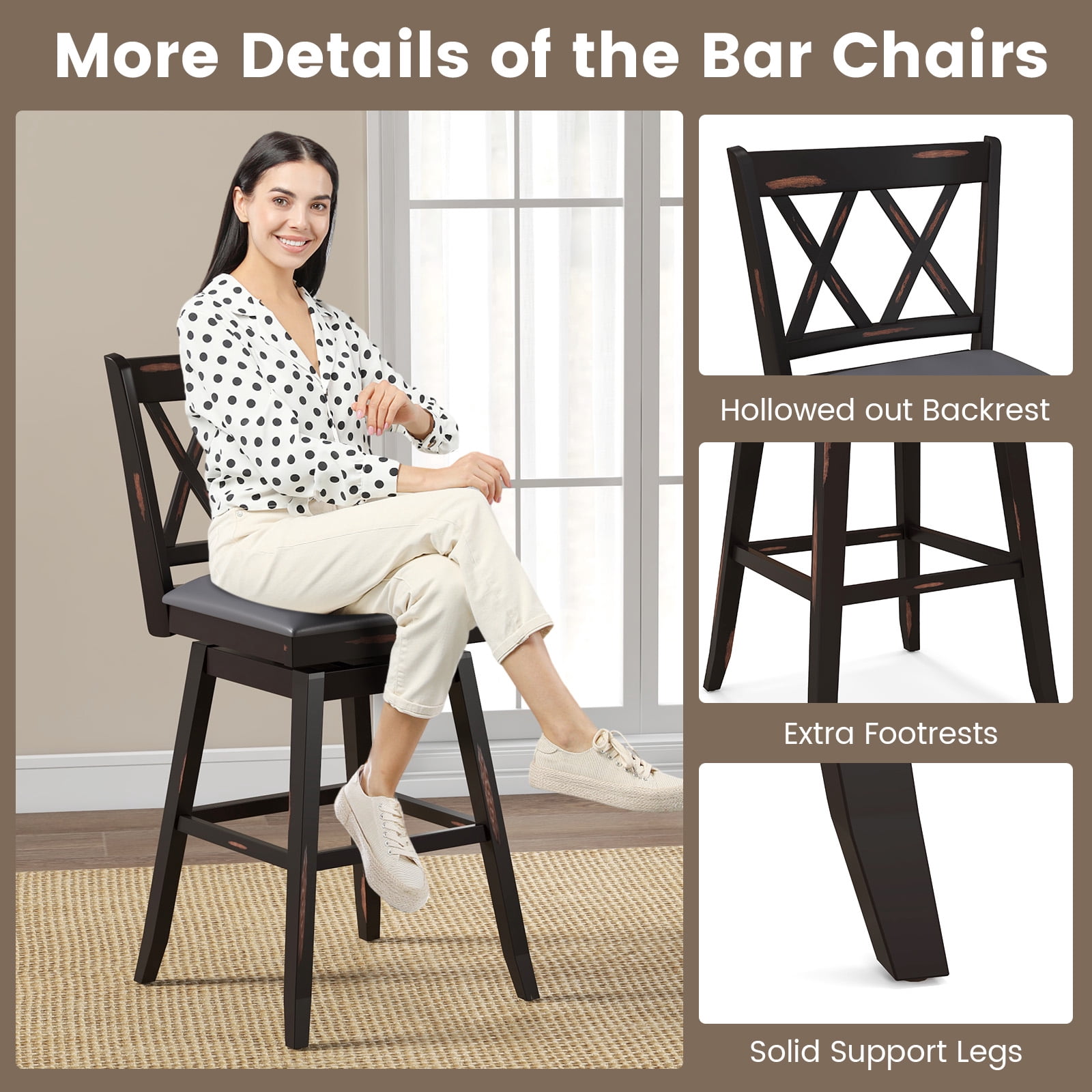 Costway 29" Bar Stools Set of 2 with Ergonomic Backrest Rubber Wood Legs Swivel Height Chairs Black, Gray
