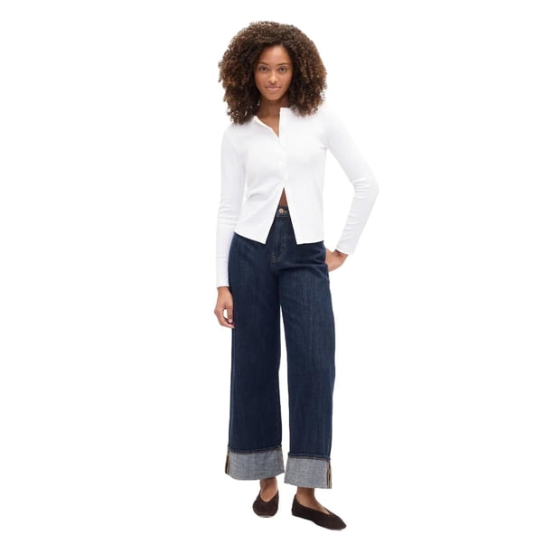 Pantalones GAP Mujer Jeans de Pierna Ancha y Tiro Alto Indigo Oscuro