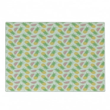Summer Cutting Board, Pineapples and Watermelons Doodles on a Dotted Scales Background, Decorative Tempered Glass Cutting and Serving Board, Small Size, Apple Green Yellow, by Ambesonne