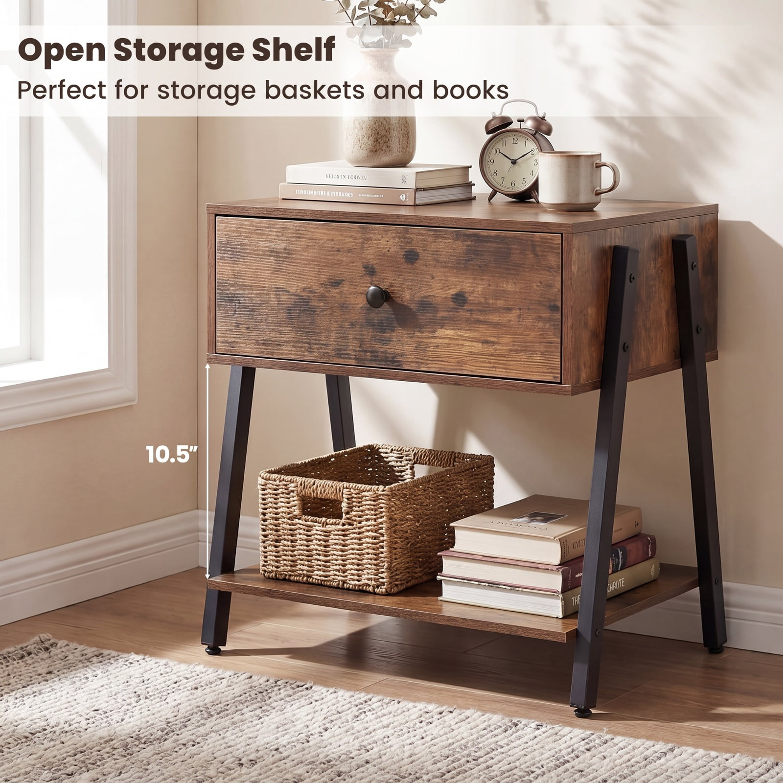 Furnibear Set of 2 Industrial Nightstand with Adjustable Foot Pads for Bedroom for Bedroom Living Room Bedside Sofa Side Small Space, Rustic Brown