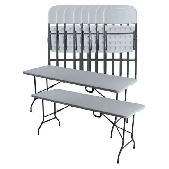 Paquete 2 Mesas Plegables Blancas + 8 Sillas Plegables Blancas LOOMBER